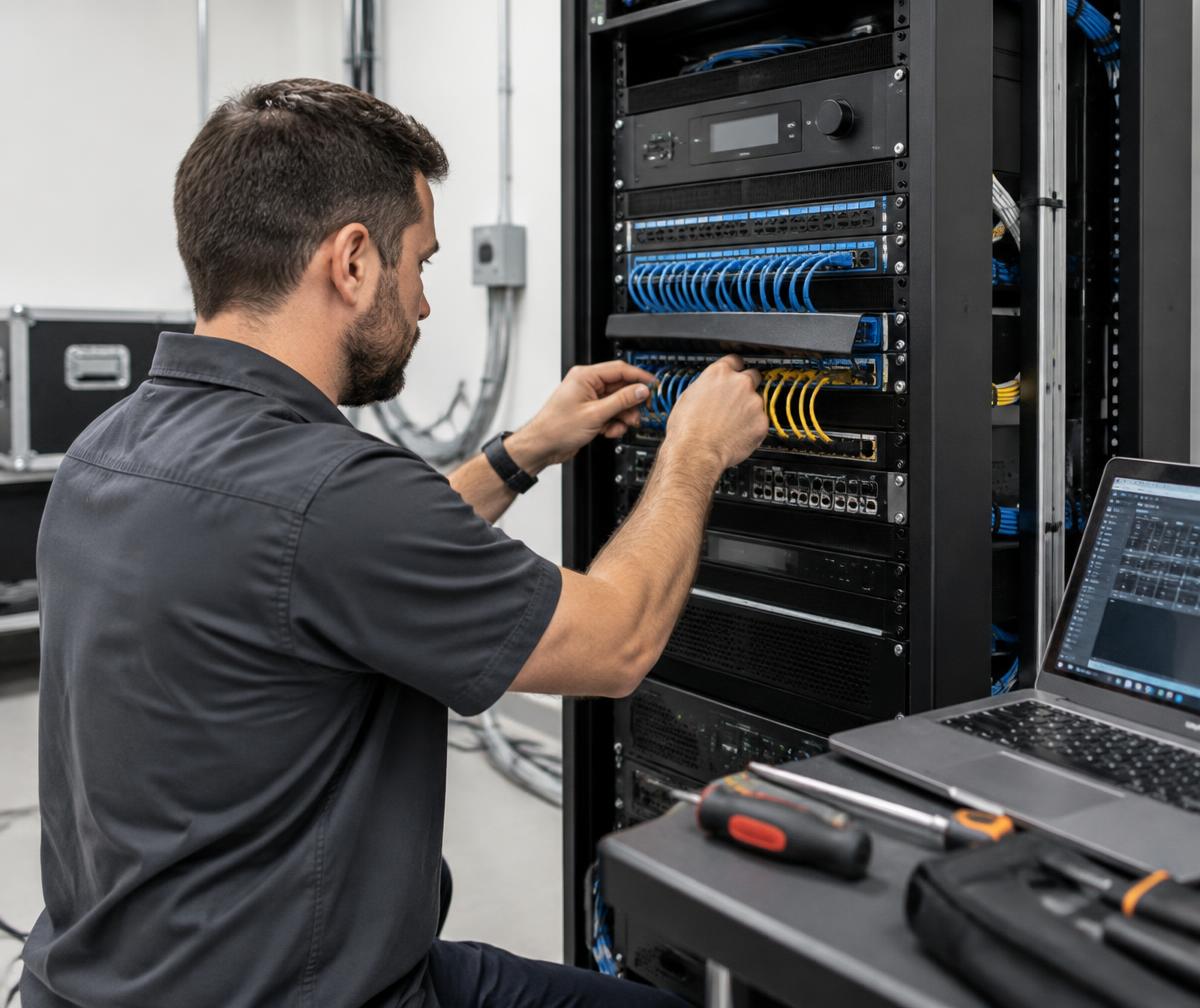Illustrative technician connecting and checking an AV equipment rack